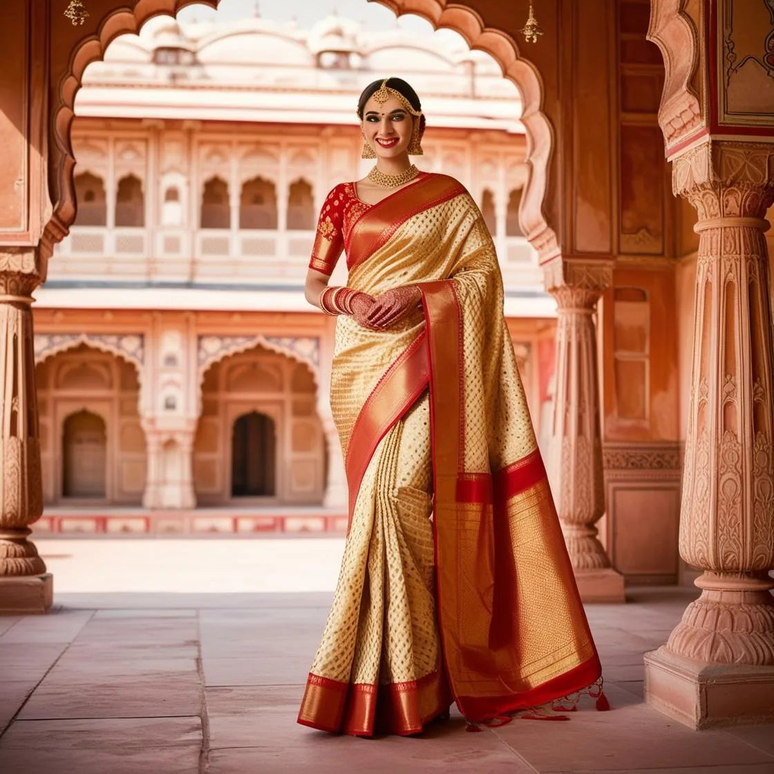 A bride in a banarasi pure silk saree in a rajasthani palace background