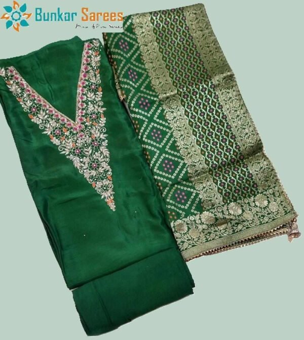 Green Chanderi Silk Unstitched Suit