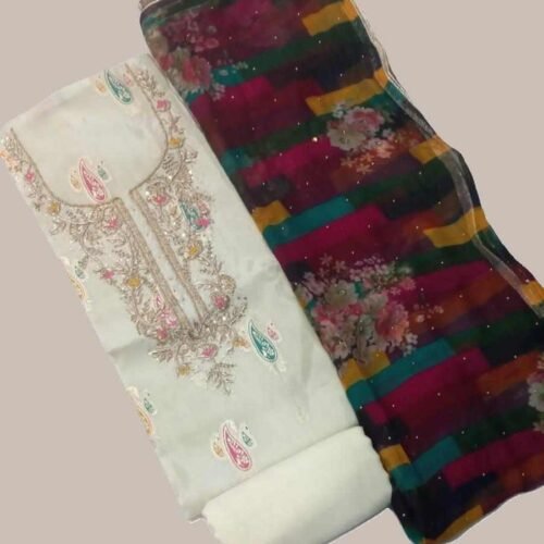 Cream Shimmer Unstitched Suit