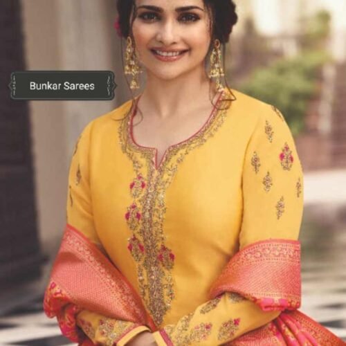 Mustard Banarasi Crepe Suit Mustard Banarasi Unstitched Suit