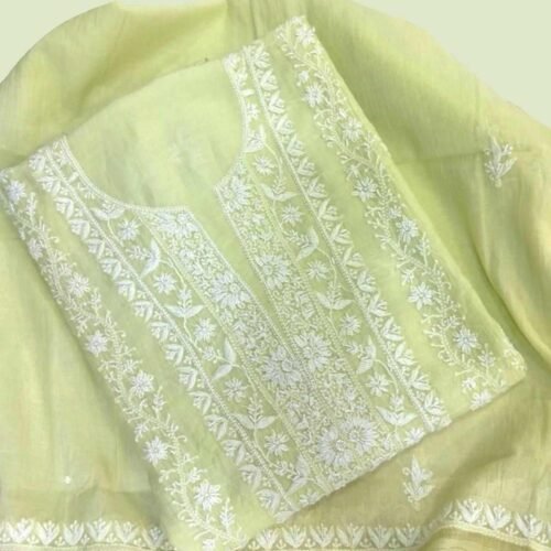 Lemon Green Chikan Unstitched Suit