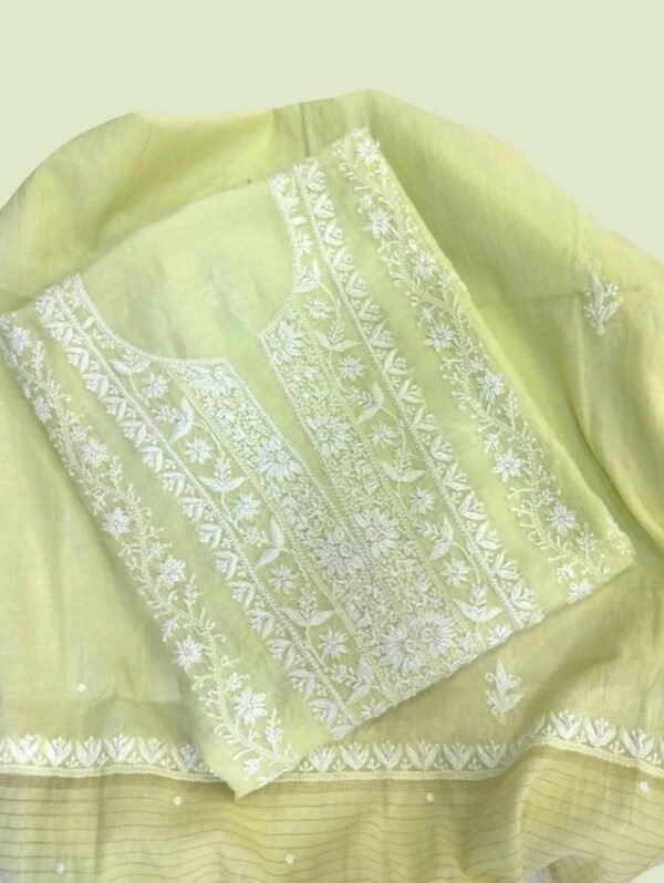Lemon Green Chikan Unstitched Suit
