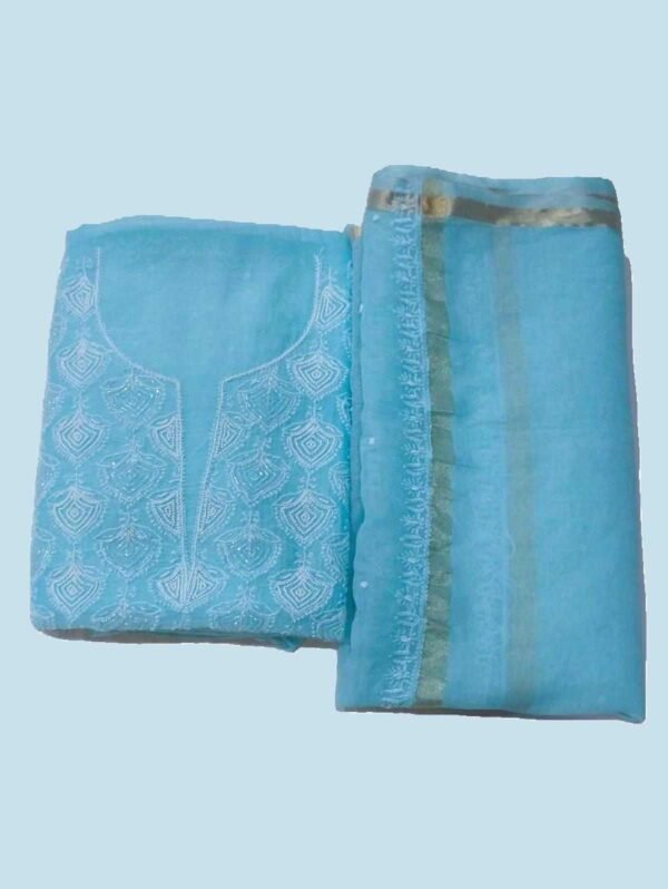 Sky Blue Chikan Unstitched Suit