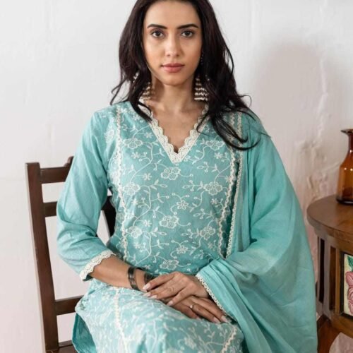Icy Blue Pant Suit With Dupatta