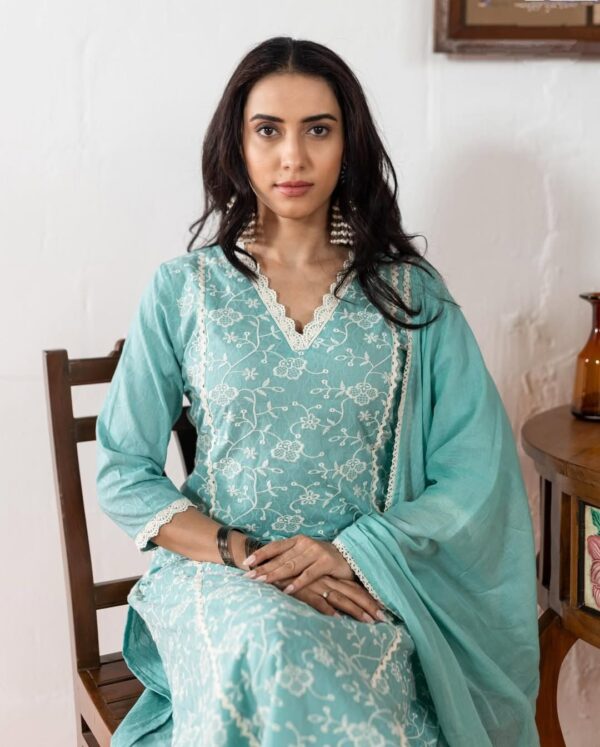 Icy Blue Pant Suit With Dupatta