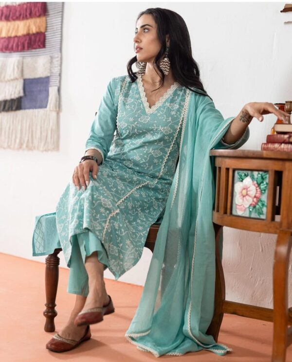 Icy Blue Pant Suit With Dupatta