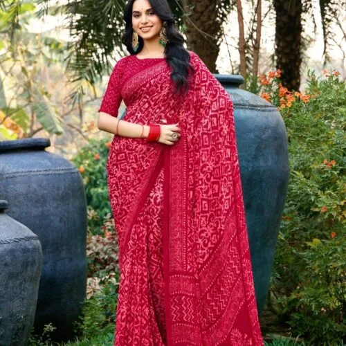 Red Printed Georgette Saree