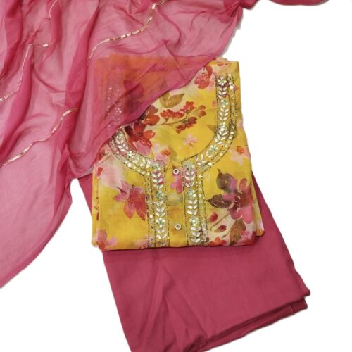 Yellow Pure Organza Unstitched Suit