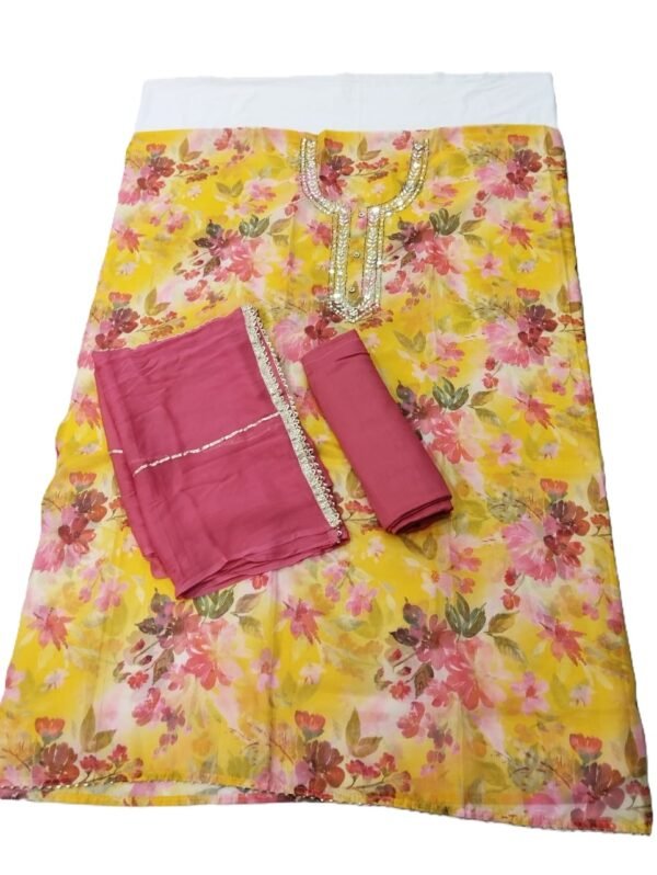 Yellow Pure Organza Unstitched Suit