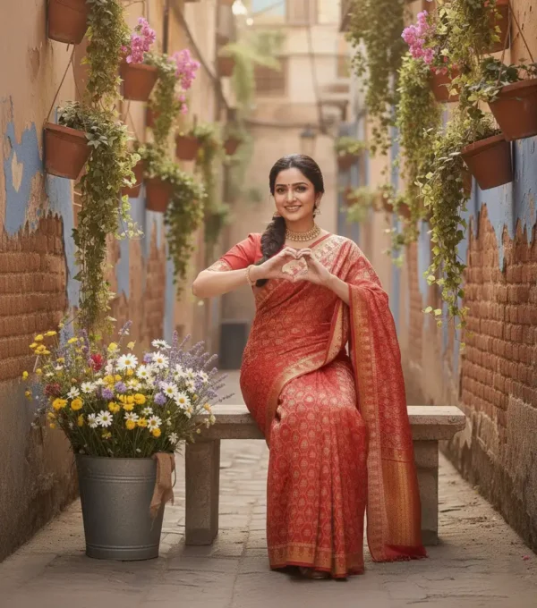 Golden Red Banarasi Silk Saree