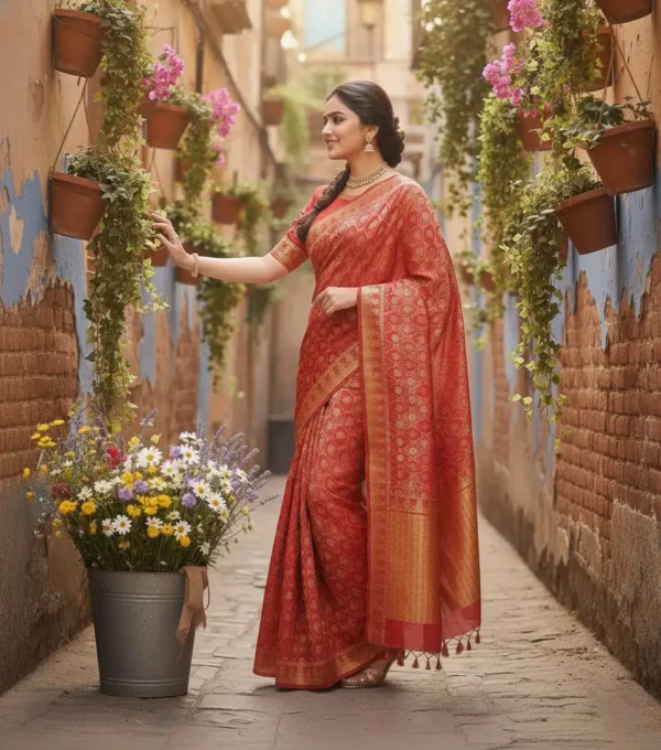 Golden Red Banarasi Silk Saree
