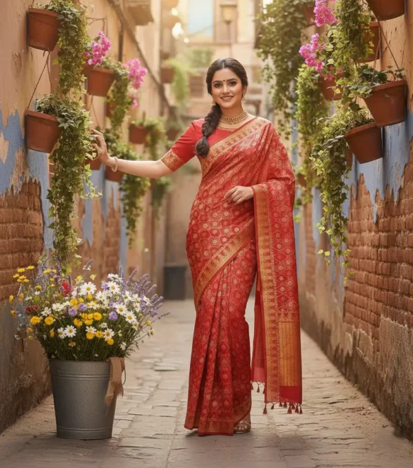 Golden Red Banarasi Silk Saree