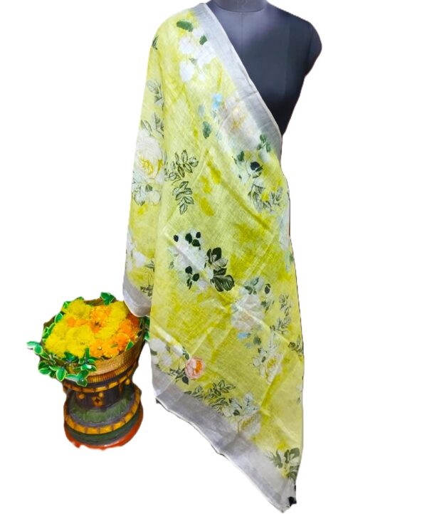 Yellow Digital Print Pure Linen Dupatta