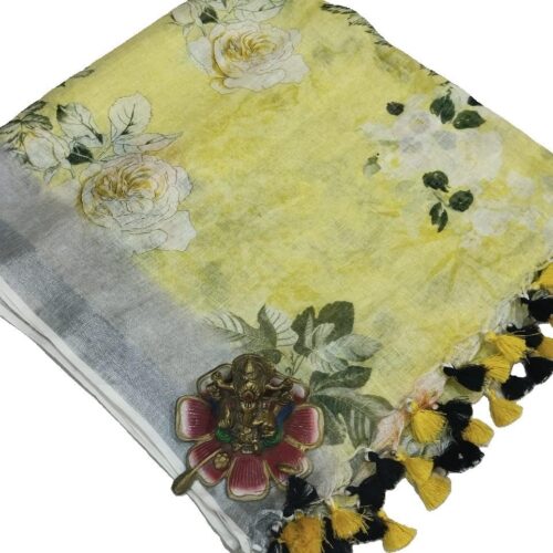 Yellow Digital Print Pure Linen Dupatta