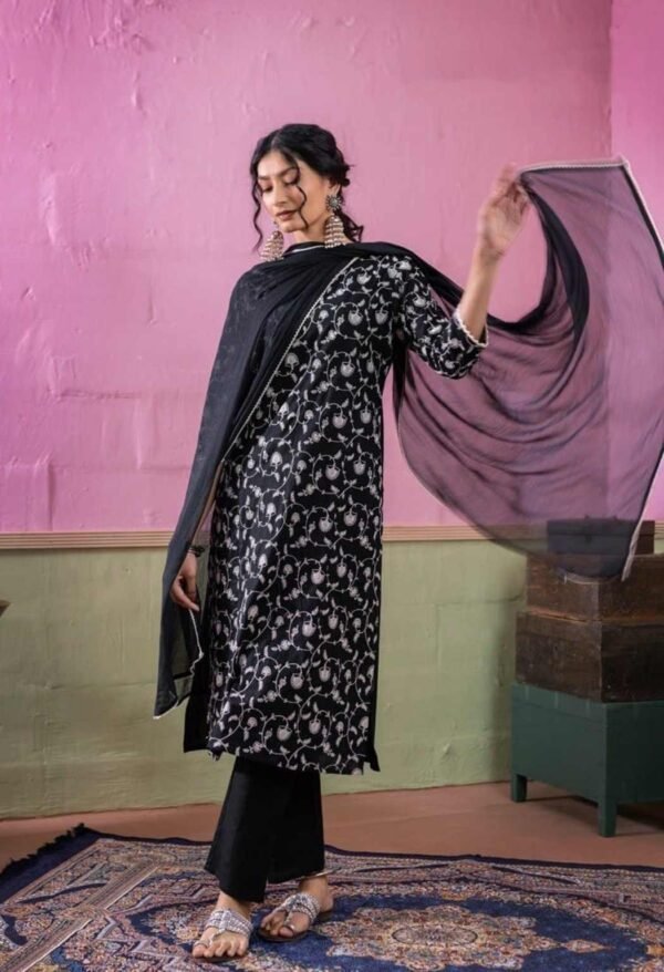 Black Printed Stitched Suit With Dupatta