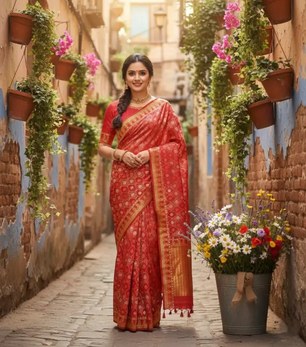 Golden Red Banarasi Silk Saree