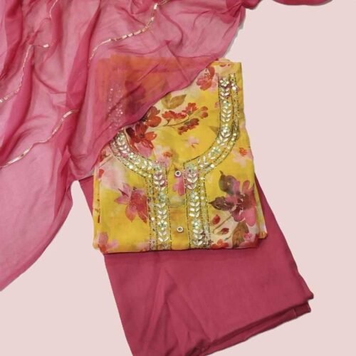 Yellow Pure Organza Unstitched Suit