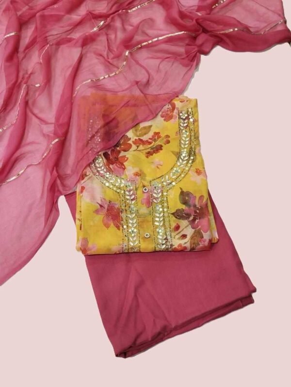 Yellow Pure Organza Unstitched Suit