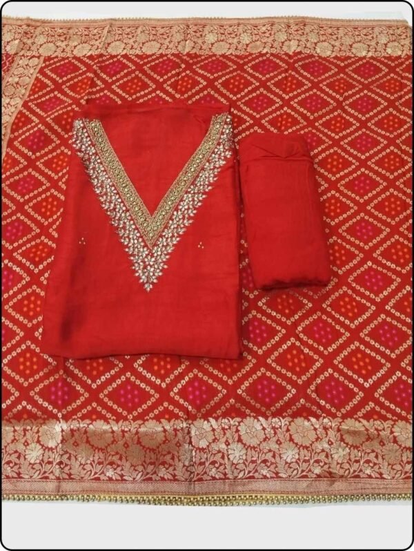 Bright Red Pure Chanderi Unstitched Suit