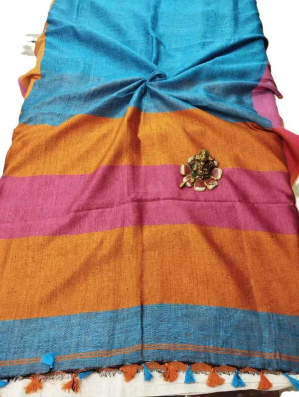 BSOS0042-4(3) Peacock Blue Handloom Pure Linen Saree