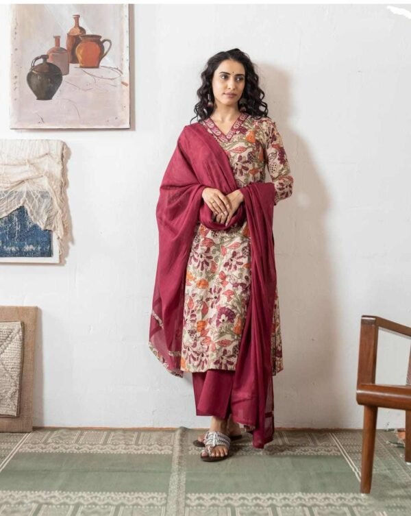 Beige Multicolored Stitched Suit With Dupatta