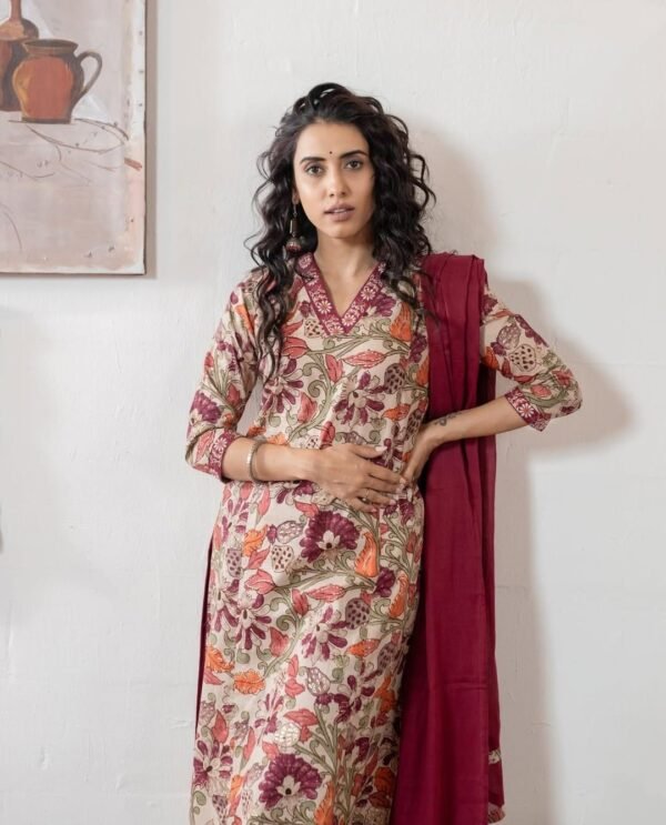 Beige Multicolored Stitched Suit With Dupatta