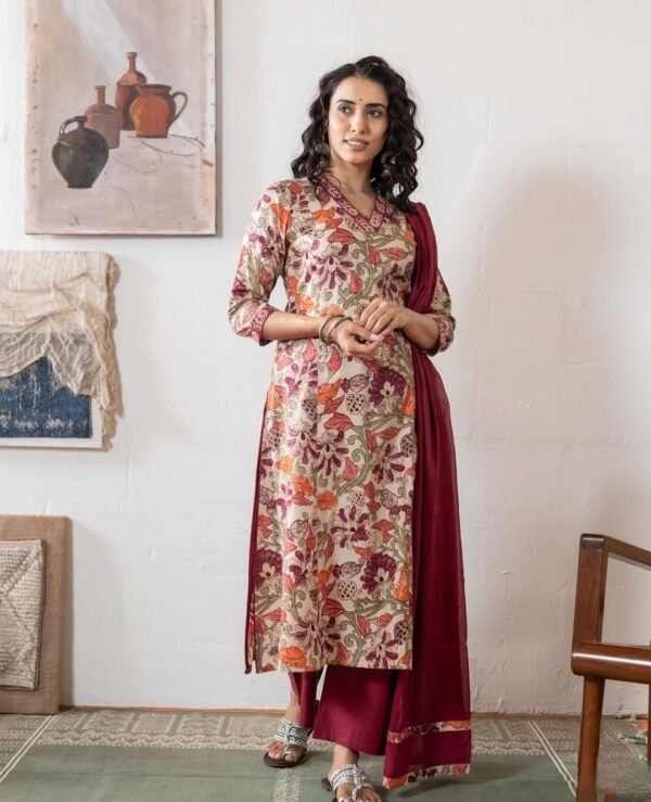 Beige Multicolored Stitched Suit With Dupatta