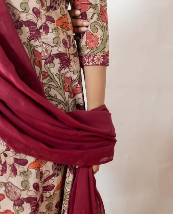 Beige Multicolored Stitched Suit With Dupatta