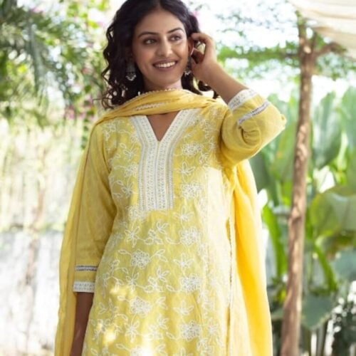 Yellow Pure Cotton Office Wear Suit