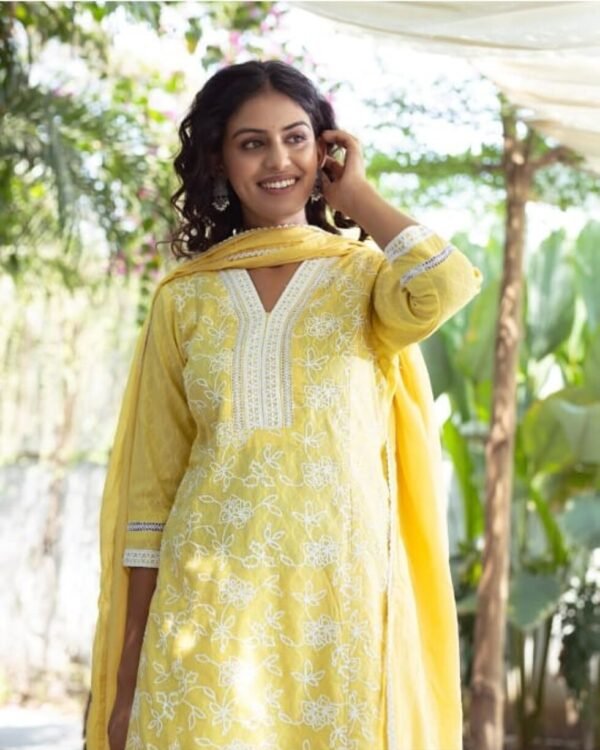 Yellow Pure Cotton Stitched Suit