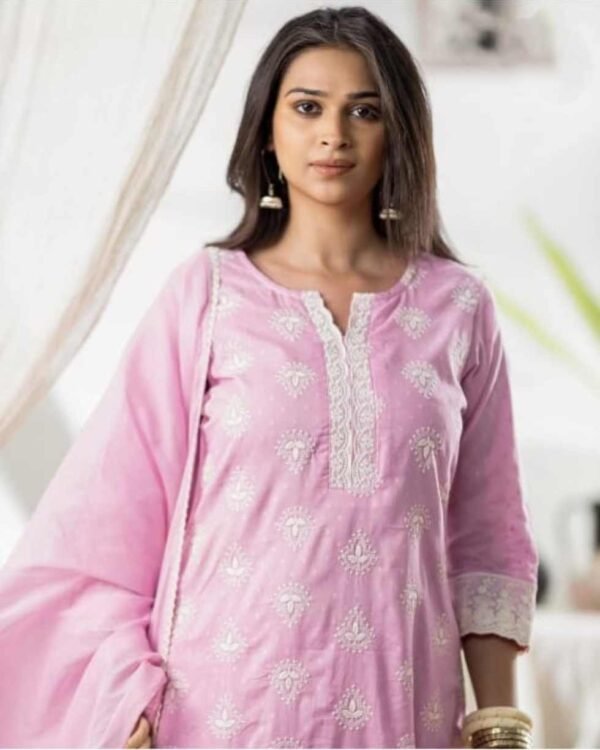 Woman in a cotton stitched suit