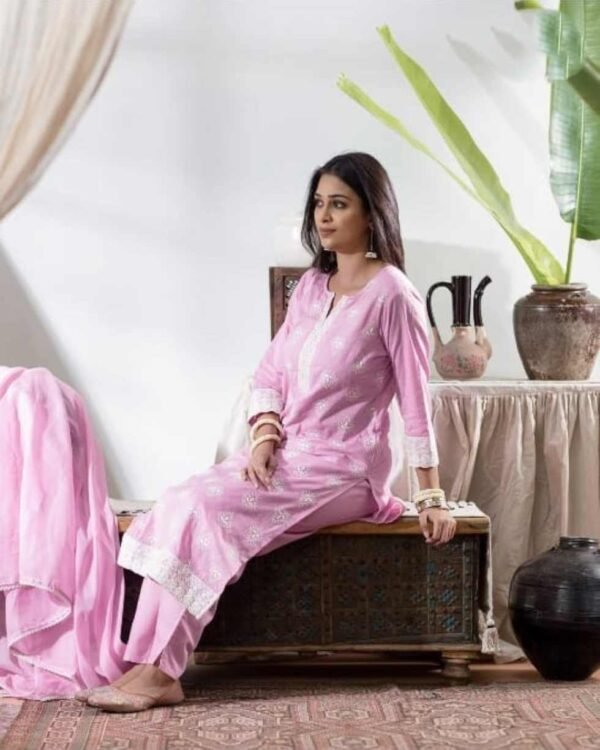 Woman in a cotton stitched suit