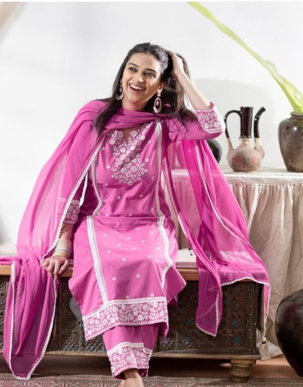 Woman in a cotton stitched suit