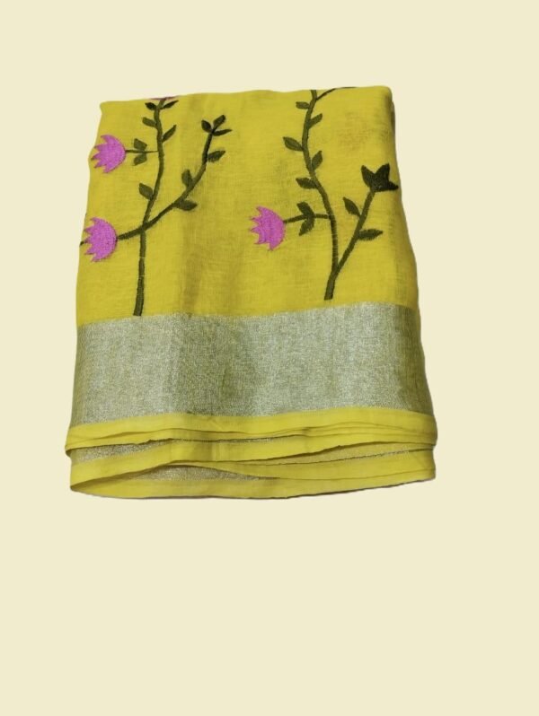 Yellow Embroidered Pure Linen Saree
