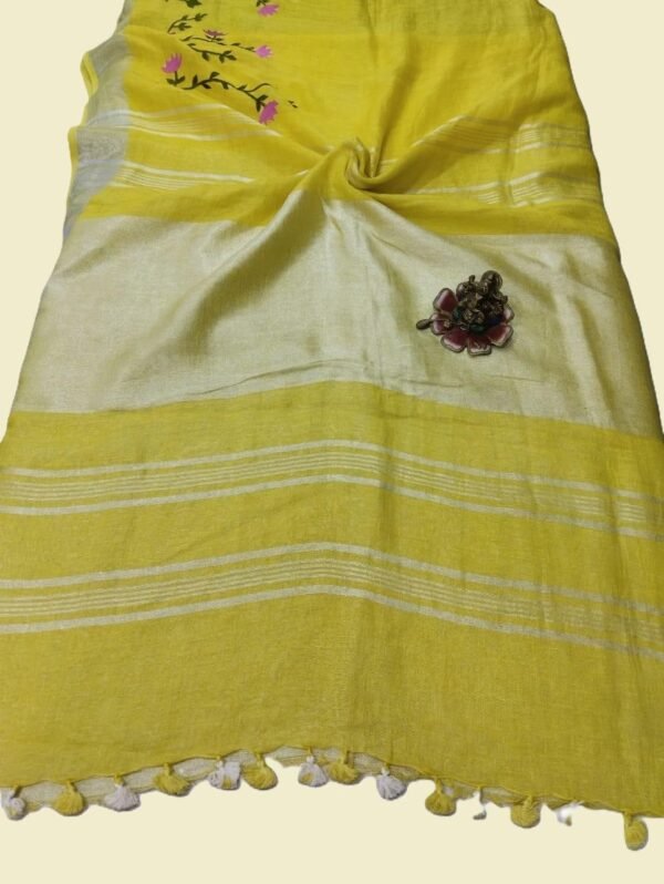 Yellow Embroidered Pure Linen Saree