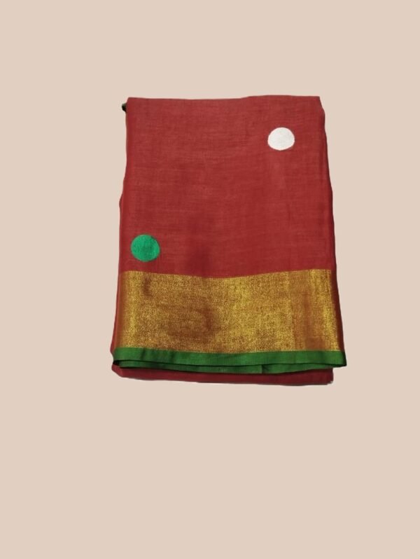 Red Embroidered Pure Linen Saree