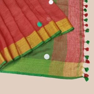 Red Embroidered Pure Linen Saree