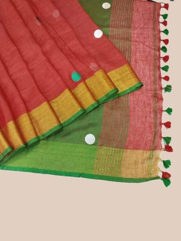 Red Embroidered Pure Linen Saree