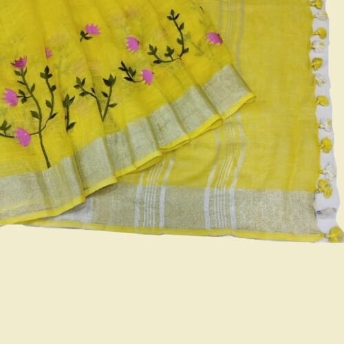 Yellow Embroidered Pure Linen Saree Yellow Embroidered Pure Linen Saree