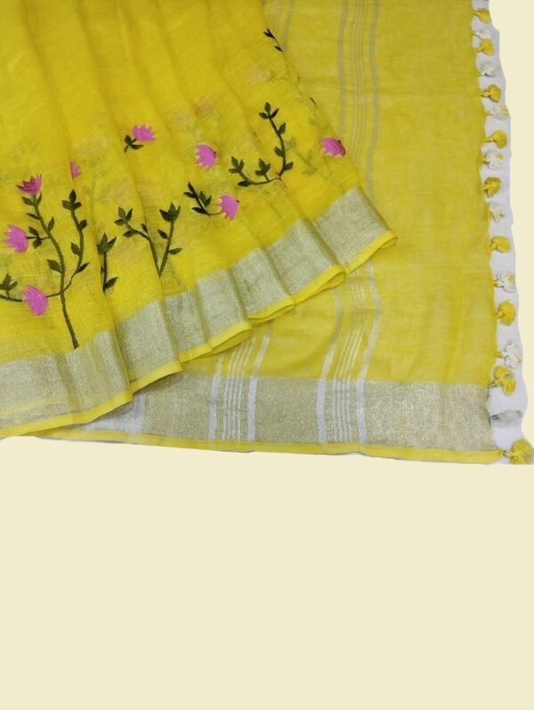 Yellow Embroidered Pure Linen Saree