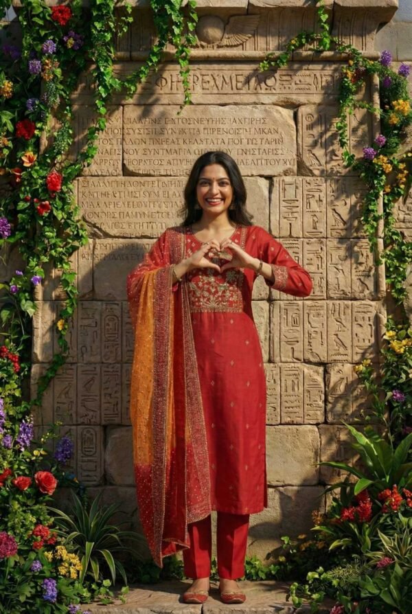 Red chanderi silk suit