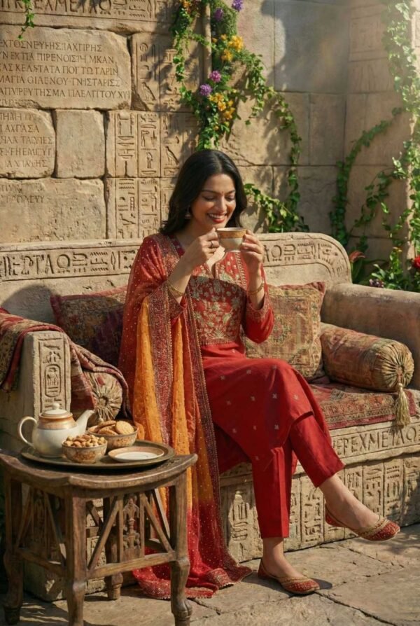 Red chanderi silk suit