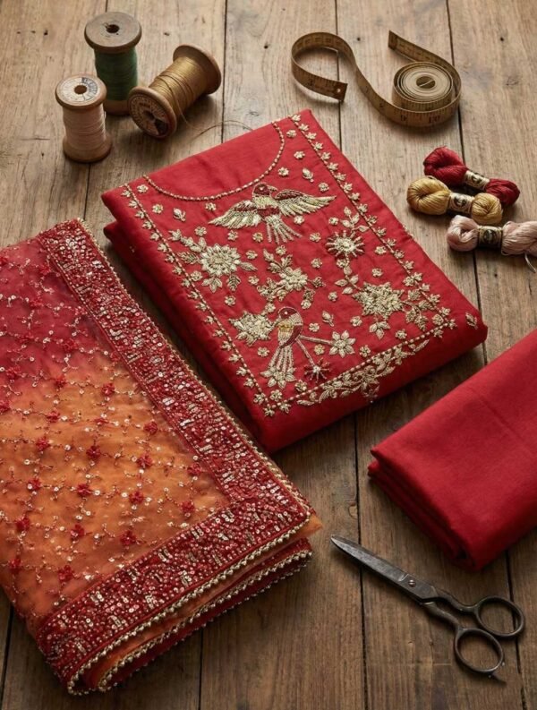 Red chanderi silk suit