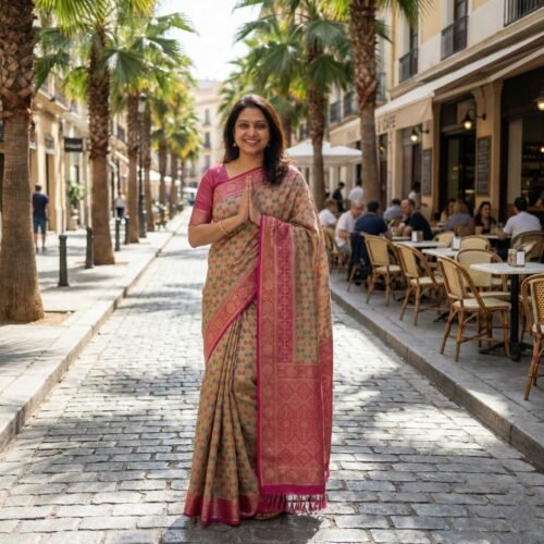 Beige Pink Kanjivaram Silk Saree