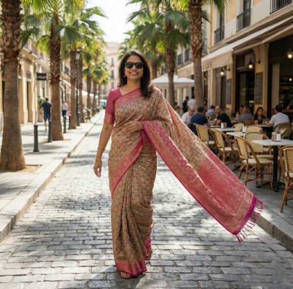 Beige Pink Kanjivaram Silk Saree