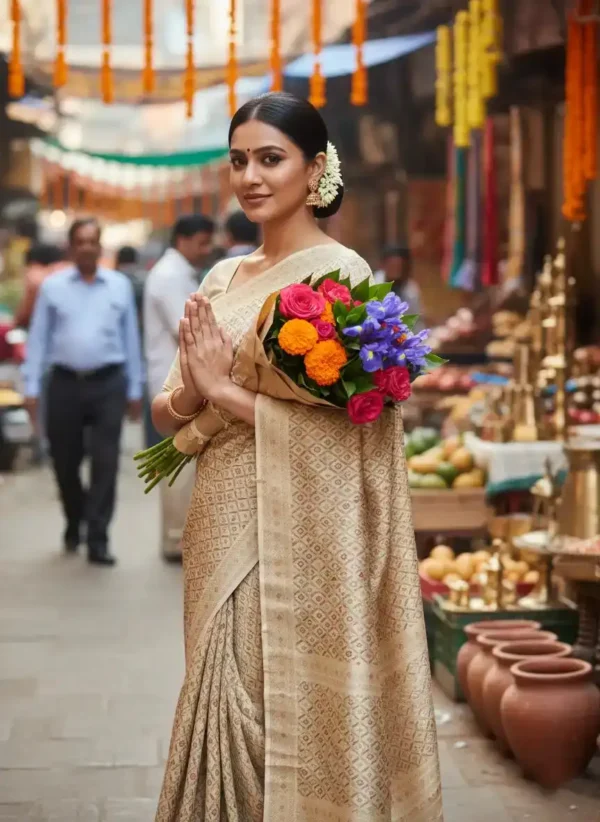 BS002300-2(3) Cream Kanjivaram Silk Saree
