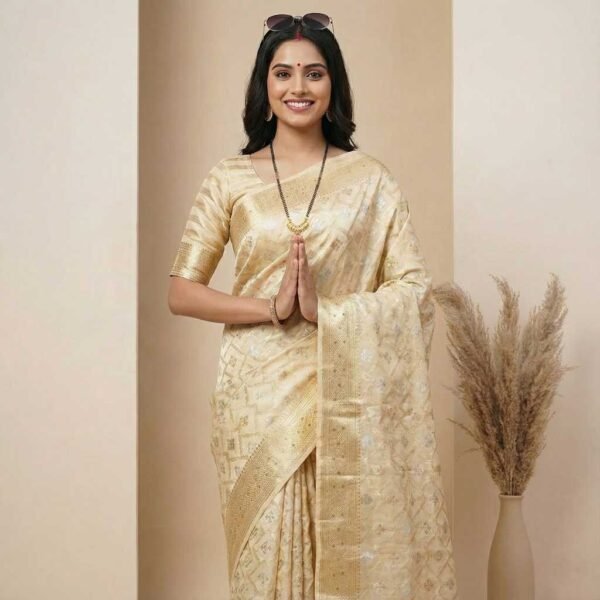 Cream Banarasi Pure Silk Saree