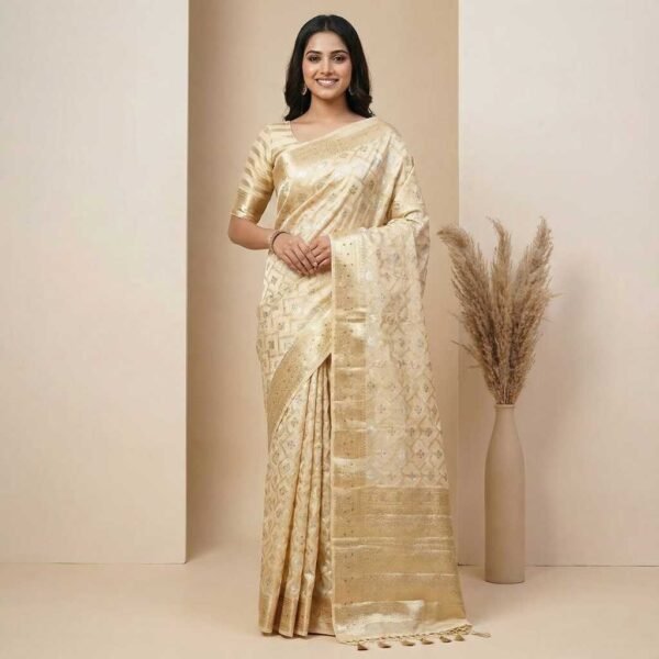 Cream Banarasi Pure Silk Saree