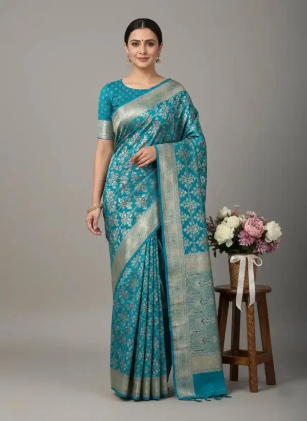 Turquoise Banarasi Silk Saree