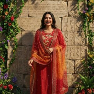 Red chanderi silk unstitched suit